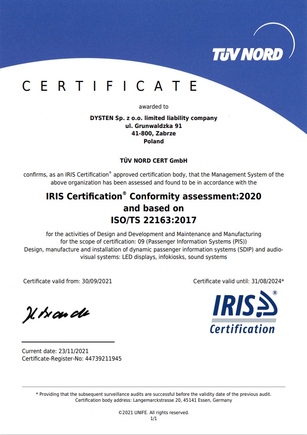 iris certification dla DYSTEN